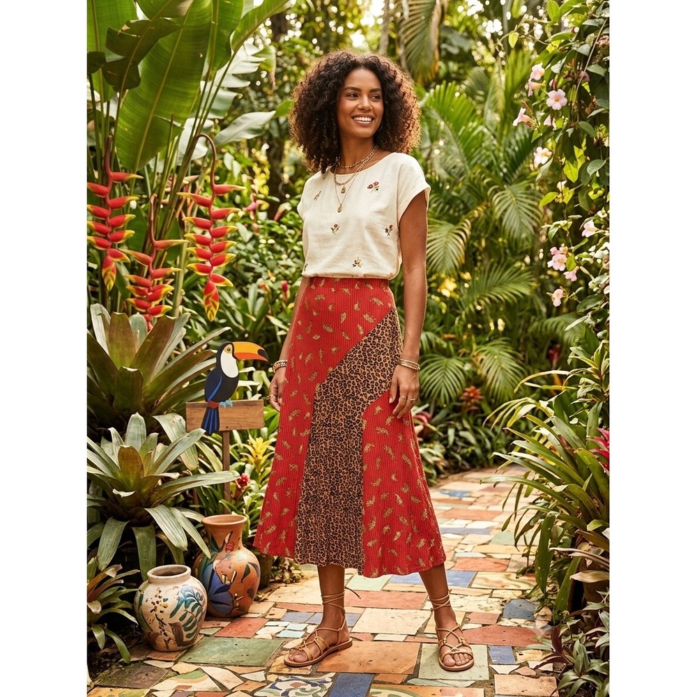 FARM Rio Mixed Animal Print Ribbed Midi Skirt Size Large Red Leopard Cheetah